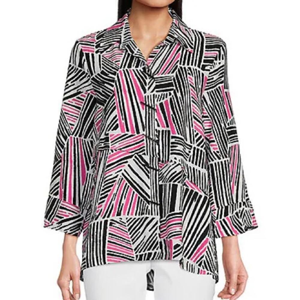 Ali Miles Lagenlook Art To Wear Button Front Tunic in Pink & Black - NWOT -Large